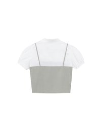 Faux 2 Piece Puff Sleeve Shirt with Buttoned Camisole Overlay