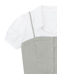 Faux 2 Piece Puff Sleeve Shirt with Buttoned Camisole Overlay