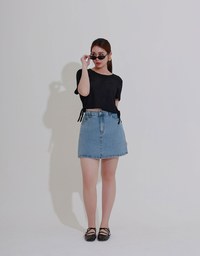 Waffle Knit Side Drawstring Short Sleeve Top