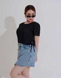 Waffle Knit Side Drawstring Short Sleeve Top