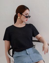 Waffle Knit Side Drawstring Short Sleeve Top