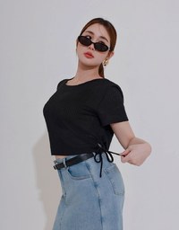 Waffle Knit Side Drawstring Short Sleeve Top