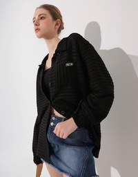 Wavy Textured Oversized Sheer Shirt with AIR SPACE Logo Embroidered