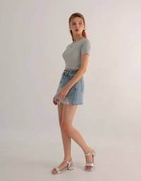 High Waist Distressed Jeans Denim Mini Skirt with Raw Hem