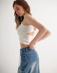 High Waist Distressed Front Slit Jeans Denim Maxi Skirt with Drawstring Detail