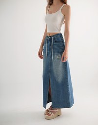 High Waist Distressed Front Slit Jeans Denim Maxi Skirt with Drawstring Detail