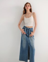 High Waist Distressed Front Slit Jeans Denim Maxi Skirt with Drawstring Detail