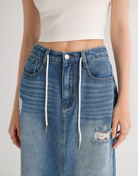 High Waist Distressed Front Slit Jeans Denim Maxi Skirt with Drawstring Detail