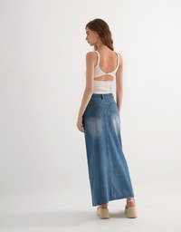 High Waist Distressed Front Slit Jeans Denim Maxi Skirt with Drawstring Detail