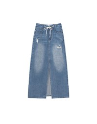High Waist Distressed Front Slit Jeans Denim Maxi Skirt with Drawstring Detail