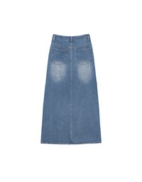 High Waist Distressed Front Slit Jeans Denim Maxi Skirt with Drawstring Detail