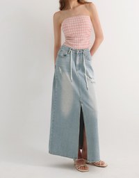 High Waist Distressed Front Slit Jeans Denim Maxi Skirt with Drawstring Detail