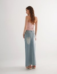 High Waist Distressed Front Slit Jeans Denim Maxi Skirt with Drawstring Detail