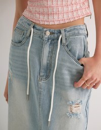 High Waist Distressed Front Slit Jeans Denim Maxi Skirt with Drawstring Detail