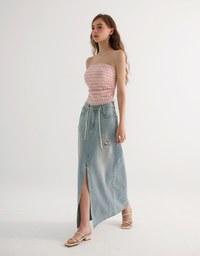 High Waist Distressed Front Slit Jeans Denim Maxi Skirt with Drawstring Detail