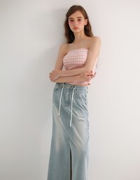 High Waist Distressed Front Slit Jeans Denim Maxi Skirt with Drawstring Detail