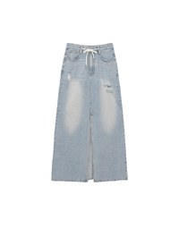 High Waist Distressed Front Slit Jeans Denim Maxi Skirt with Drawstring Detail