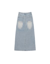 High Waist Distressed Front Slit Jeans Denim Maxi Skirt with Drawstring Detail