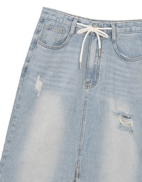High Waist Distressed Front Slit Jeans Denim Maxi Skirt with Drawstring Detail