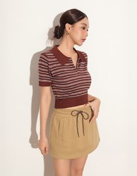 Drawstring Low Waist Cotton Mini Skirt with Side Pockets