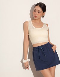 Drawstring Low Waist Cotton Mini Skirt with Side Pockets