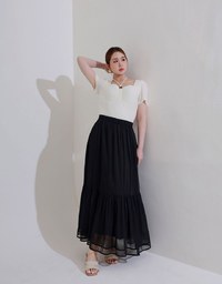 Mesh Overlay Flowy Hem Tiered Maxi Skirt