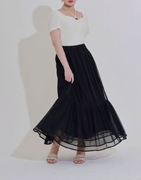 Mesh Overlay Flowy Hem Tiered Maxi Skirt