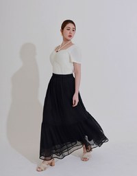 Mesh Overlay Flowy Hem Tiered Maxi Skirt