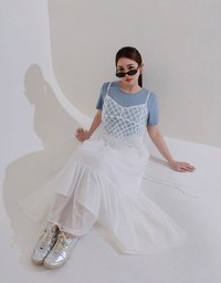 Mesh Overlay Flowy Hem Tiered Maxi Skirt