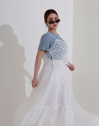 Mesh Overlay Flowy Hem Tiered Maxi Skirt
