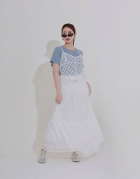 Mesh Overlay Flowy Hem Tiered Maxi Skirt