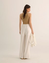 Cooling Fabric Lighweight High Waist Wide Leg Pants with Pleated Front Detail