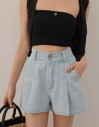 Double Button Pleated High Waist Wide Leg Jeans Denim Shorts with Back Elastic Detail
