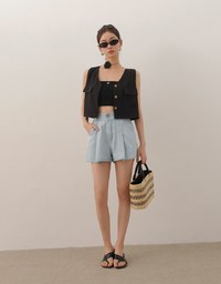 Double Button Pleated High Waist Wide Leg Jeans Denim Shorts with Back Elastic Detail
