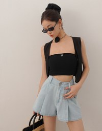 Double Button Pleated High Waist Wide Leg Jeans Denim Shorts with Back Elastic Detail