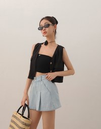 Double Button Pleated High Waist Wide Leg Jeans Denim Shorts with Back Elastic Detail