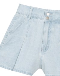 Double Button Pleated High Waist Wide Leg Jeans Denim Shorts with Back Elastic Detail