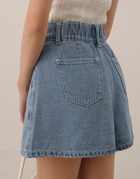 Double Button Pleated High Waist Wide Leg Jeans Denim Shorts with Back Elastic Detail
