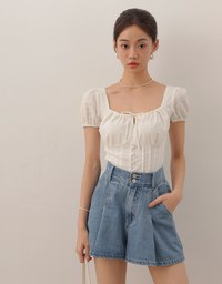 Double Button Pleated High Waist Wide Leg Jeans Denim Shorts with Back Elastic Detail