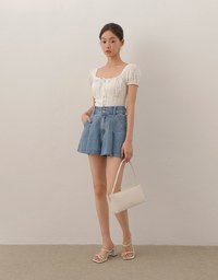Double Button Pleated High Waist Wide Leg Jeans Denim Shorts with Back Elastic Detail