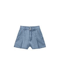 Double Button Pleated High Waist Wide Leg Jeans Denim Shorts with Back Elastic Detail