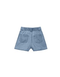 Double Button Pleated High Waist Wide Leg Jeans Denim Shorts with Back Elastic Detail