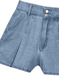 Double Button Pleated High Waist Wide Leg Jeans Denim Shorts with Back Elastic Detail