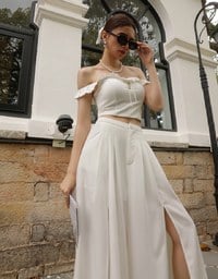 Front Slit Flowy Pleated Wide Leg Pants