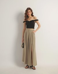 Front Slit Flowy Pleated Wide Leg Pants