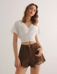 ダメージフリンジデニムショーパン