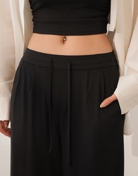 Cooling Fabric Front Pleated Wide Leg Pants with Drawstring Detail