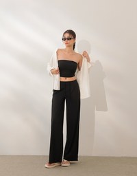 Cooling Fabric Front Pleated Wide Leg Pants with Drawstring Detail