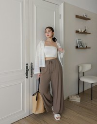 Cooling Fabric Front Pleated Wide Leg Pants with Drawstring Detail
