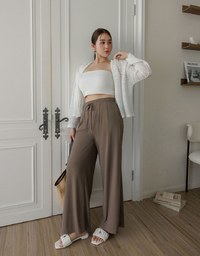 Cooling Fabric Front Pleated Wide Leg Pants with Drawstring Detail